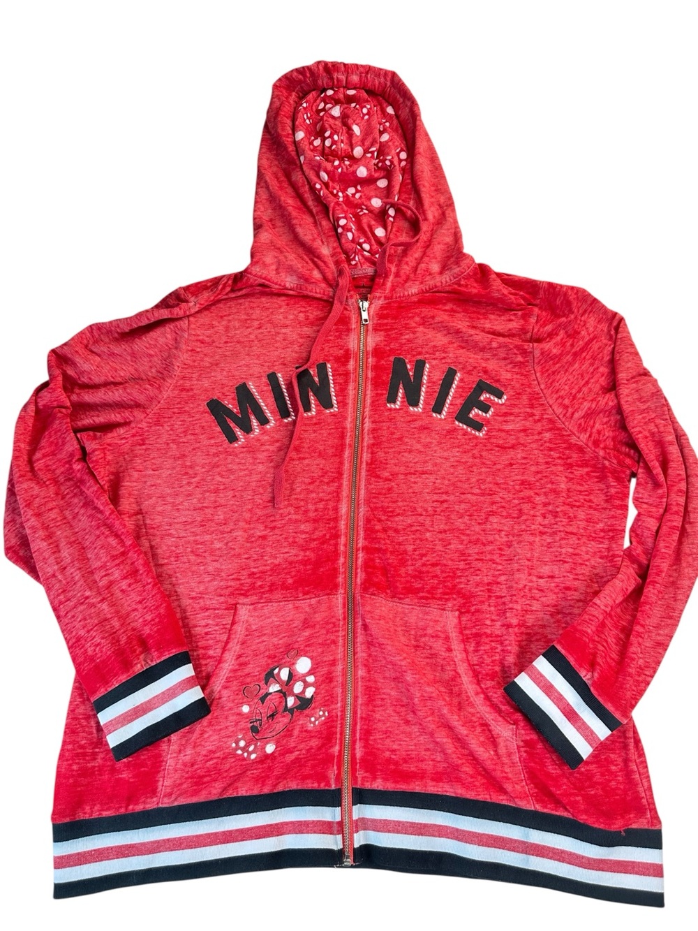 Disney Parks Minnie Mouse Full Zip Hoodie 1X Red Plus Size Varsity Polka Dot